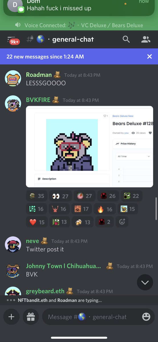 When you’re in a <a href="/bears_deluxe/">Bears Deluxe</a> voice chat that has 100+ people in it and <a href="/drmbrothers/">David Roberts</a> gives away a bear to a random person, you realize you’re invested in the greatest and most undervalued NFT project in the space. Buy a bear.