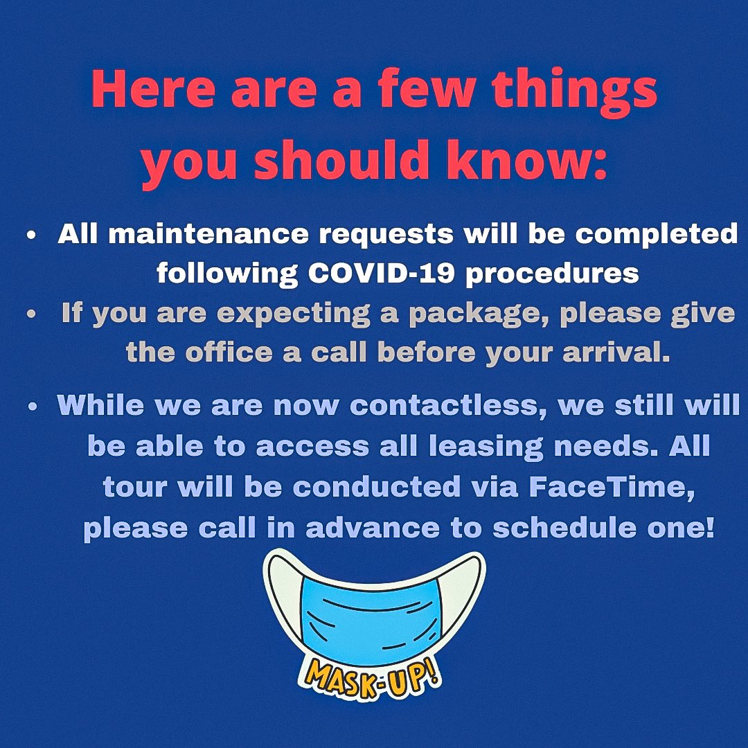 HighlandSquareO's tweet photo. As stated above, we are going
CONTACTLESS 😷 We are still in full leasing mode but we will only be doing FaceTime tours until further notice!

Remember to stay 6ft away from others, wash your hands, and mask up! https://t.co/0SWDxJAd4R