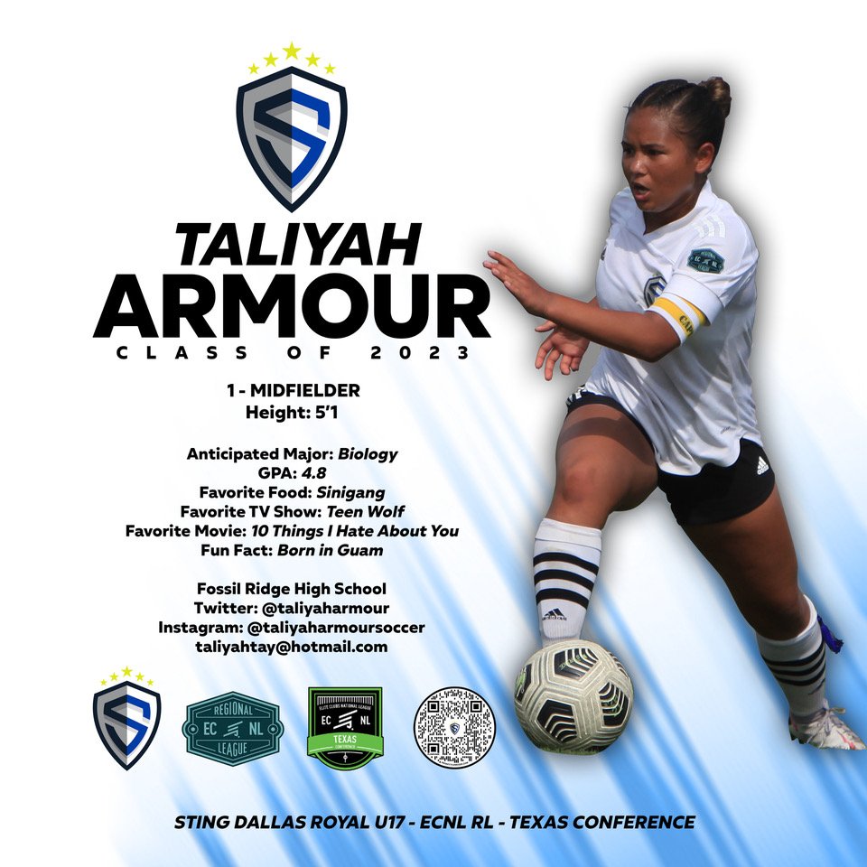 StingRoyal05's tweet photo. As we head into the 2022 season we want to take a moment to spotlight each player starting w/ the class of 2023!

First up, and captain, meet @TaliyahArmour  a.k.a "Tay"!

https://t.co/eeSyq8qvEI

@StingSoccerClub @NCAASoccer @ECNLgirls @ImCollegeSoccer @EcnlTexas @USClubSoccer https://t.co/V1goLXo4eM