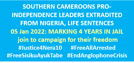 judithnwana's tweet photo. 05 Jan 2022 marks 4 yrs when Southern Cameroons pro-indep leaders abducted by #Cameroon gov in Nigeria &amp; extradited. Facing life sentences after sham military trials. Join campaign to #FreeAllArrested #FreeSisikuAyukTabe #Justice4Nera10 &amp; help #EndAnglophoneCrisis @AsstSecStateAF https://t.co/ueSXHeXx7k
