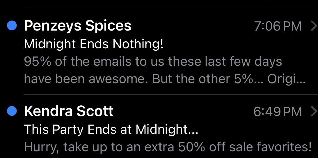 SqLifeRoundWrld's tweet photo. Are @PenzeysSpices and @KendraScott feuding or something? These were really on top of each other in my inbox. #ThisPartyEndsatMidnight #MidnightEndsNothing https://t.co/0tTqkoLztd