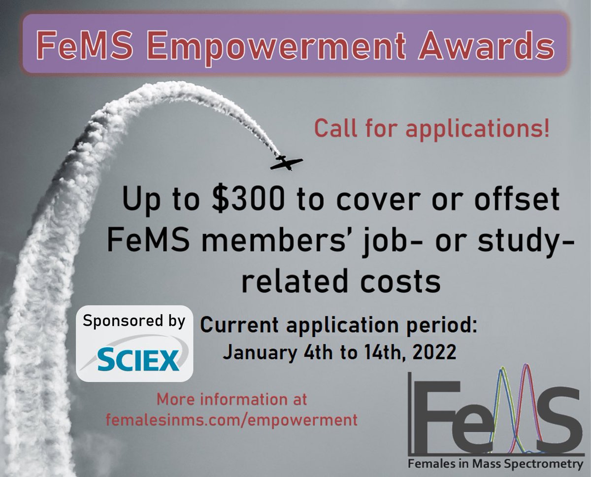 FemalesInMS's tweet photo. We are now accepting applications for the second round of FeMS Empowerment Awards sponsored by @SCIEXnews! Submit an application by Jan 14th for a chance to receive up to $300 towards your job- or study-related costs.
Find out more and apply at: https://t.co/g2JryzqCU3 https://t.co/BXGt6IBPNK