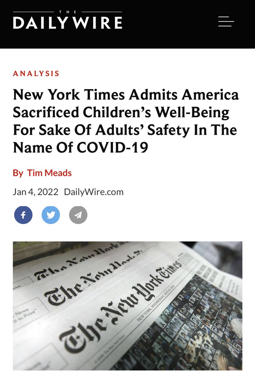 drsimonegold's tweet photo. The NY Times finally caught up to the science—fraudulent data and senseless fear make a deadly mixture.

AFLDS has warned for over a year against baseless policies that harm kids; they don’t save lives, only power for the bureaucrats enforcing them.

Will the adults ever listen? https://t.co/X4nuotcVdW