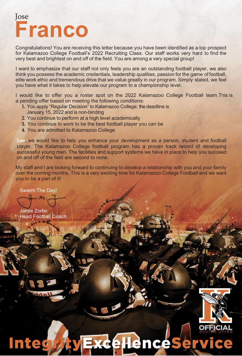 Extremely blessed to receive my fifth offer to <a href="/KzooFootball/">Kalamazoo College Football</a> thanks to <a href="/CoachRiceKZoo/">Coach Aaron Rice</a> and the K staff for this opportunity.                  <a href="/coacheimer/">Coach Eimer</a> <a href="/WABlackhawkFB/">West Aurora Football</a>