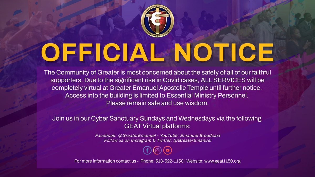 GreaterEmanuel's tweet photo. Please govern yourselves accordingly! Our Consecration will continue as scheduled, virtually. 

#geat1150 https://t.co/O7V2EGdUdv