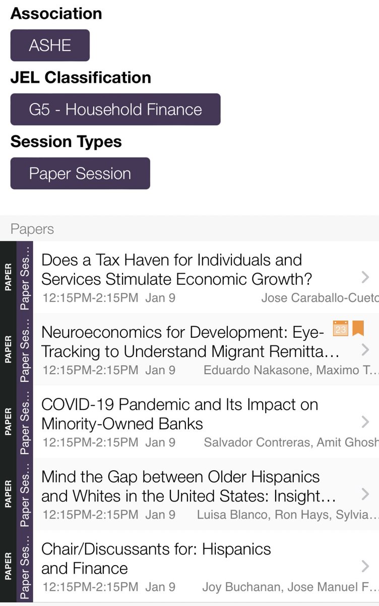 Join our <a href="/ASHE_ASSA/">American Society of Hispanic Economists</a> session on “Hispanics and Finance” at #ASSA2022 on Sunday 1/9 at 12:15. 

The program is below and at aeaweb.org/conference/202….

Presenters include but are not limited to @lblancoraynal, <a href="/aboutJoy/">Joy Buchanan</a>, <a href="/econ_garcia/">Dr. Monica Garcia-Perez</a>, and <a href="/RaffiGarcia/">Raffi E. García</a>. Thanks <a href="/UofLEcon/">Jose M. Fernandez</a> for chairing.