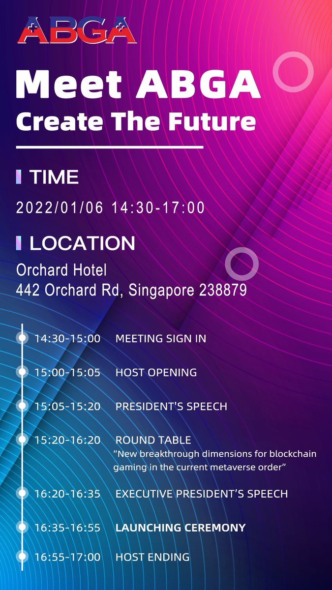 ABGA_Global's tweet photo. 🗓️1 day counting down for‘Meet ABGA, Create The Future’#KickoffCeremony of #ABGA
The shown below is the Ceremony Agenda&amp;Round Table Guests
The discussion will be held under the theme "New Breakthrough Dimensions for Blockchain Gaming in the current Metaverse Order" https://t.co/3Hxdm9a7R3