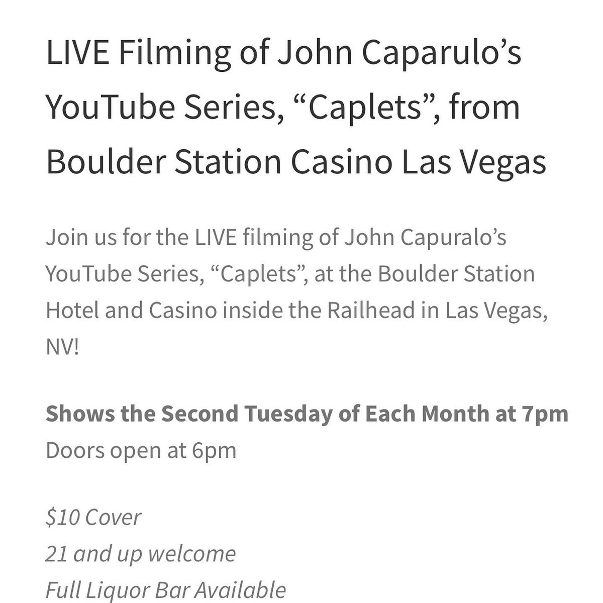 JohnCaparulo's tweet photo. CAPLETS IS BACK!!
Join us Tuesday, January 11 in LAS VEGAS at @boulderstationlv for the LIVE filming!
.
#bonkerzcomedy #bonkerzcomedyclub #johncaparulo #caplets #boulderstation #vegascomedy #comedy #vegas #vegasthingstodo https://t.co/fFoqYQf1LN