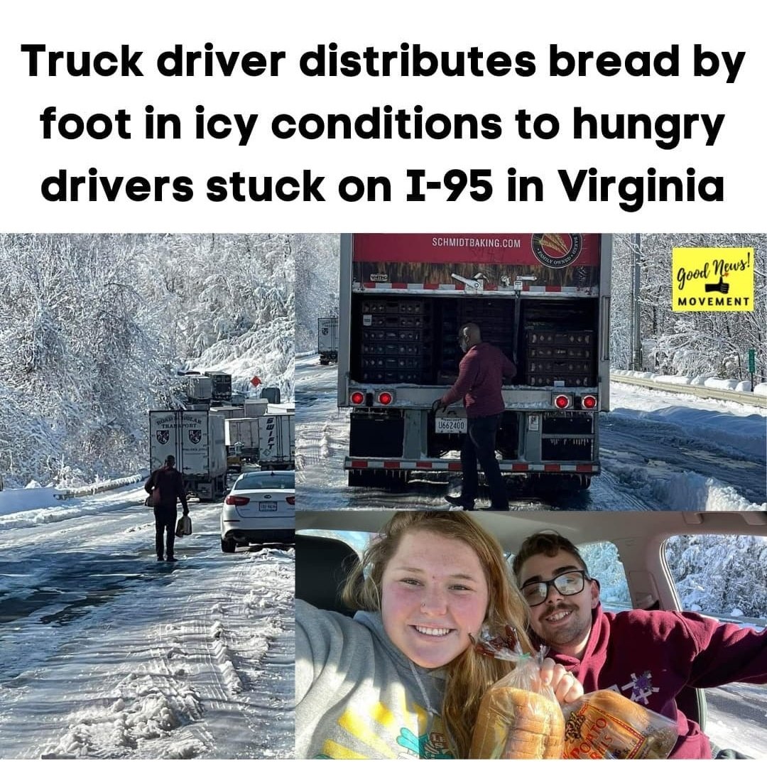 GoodNewsCorres1's tweet image. Casey Holihan Noe saw the Schmidt Baking company truck and called the number on the the truck to see if the truck might open to help feed stranded drivers. The owner Chuck agreed and truck driver Ron Hill didn't hesitate to deliver bread and baked goods to some 50 drivers —
(1/2)