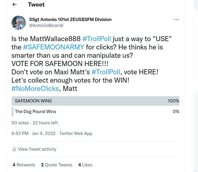 AntonioBicandi's tweet photo. @ShotOfWhiskey08 @RagsAggro Remember, Matt Wallace wins JUST through our participation in his #TrollPoll. Stop going to Matt Wallaces tweet to vote, we can win this poll without a single click.
#NoMoreClicks, MATT https://t.co/Y8307vIXlB