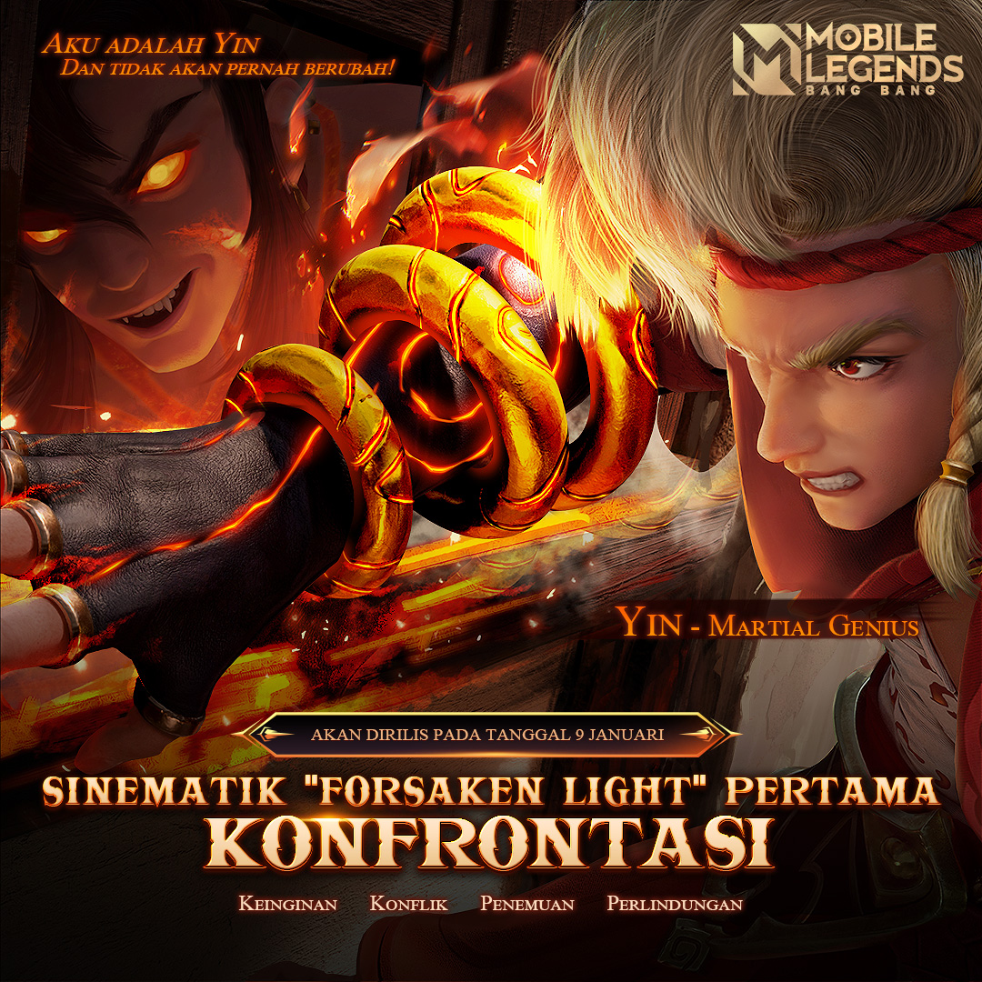 real_mlbbid's tweet photo. "A Tug of War", Cinematic pertama "Forsaken Light", akan hadir pada 9 Januari!

Yin, Martial Genius dari Cadia Riverlands, terikat takdirnya, namun ia tetap berkemauan keras, meskipun terkadang bertentangan.

#MobileLegendsBangBang 
#MLBBNewHero
#mlbbindonesia
#mobilelegendsid https://t.co/sN7HUfXWRX