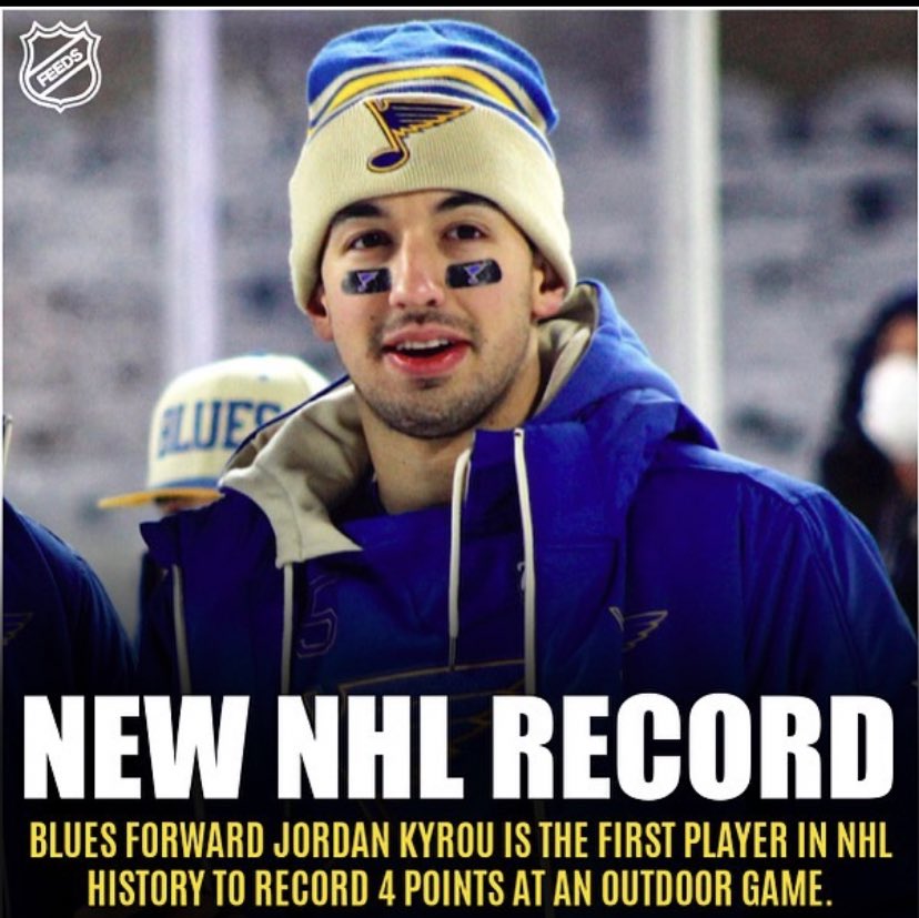 New #NHL #Record for #StLouisBlues #JordanKyrou. #MakingHistory #Congratulations #StLBlues #WinterClassic2022 #OutdoorGame #MNWild