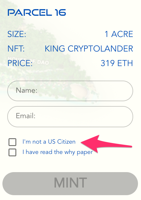 Purchase form, with checkboxes at the bottom reading "I'm not a US Citizen" and "I have read the why paper"