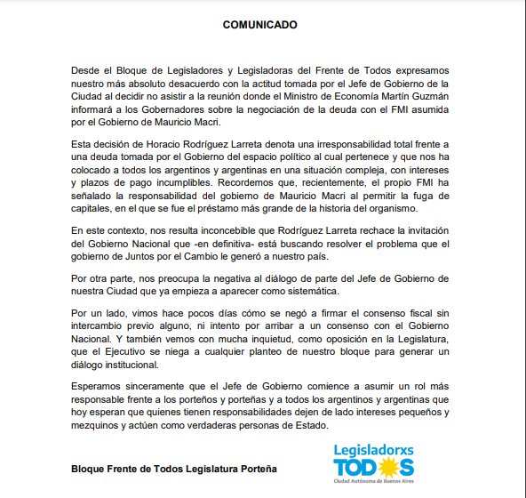 nueva_social's tweet photo. COMUNICADO

Expresamos nuestro más absoluto desacuerdo con la actitud tomada por @horaciorlarreta  al decidir no asistir a la reunión donde el Ministro de Economía Martín Guzmán informará sobre la negociación de la deuda con el FMI asumida por el Gobierno @mauriciomacri https://t.co/kJpu5Vc1UM