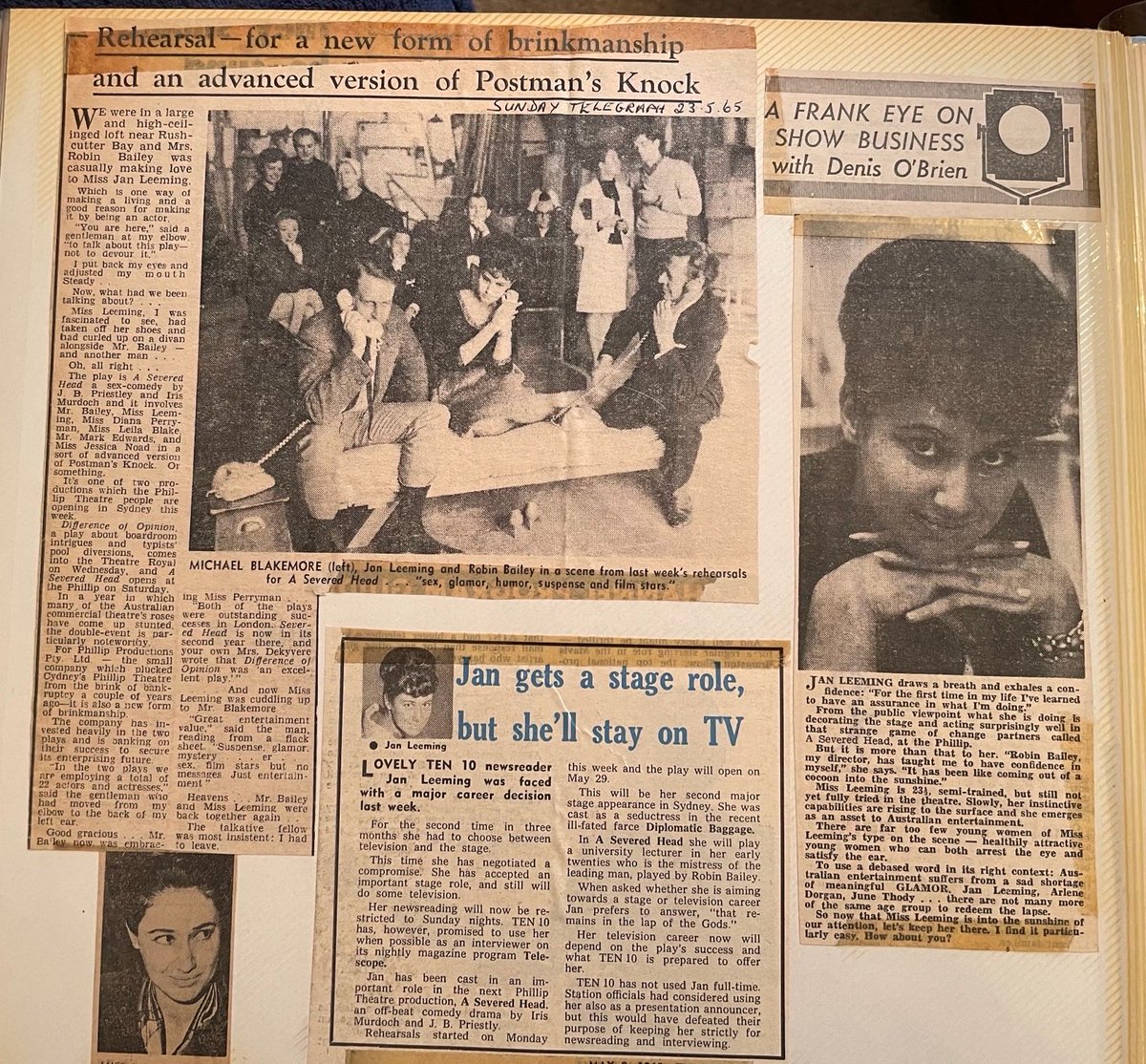 Jan_Leeming's tweet photo. Whilst reading news for #Channel10 English actor out to star in #ASeveredHead by #IrisMurdoch #RobinBailey saw me and invited to audition. Got Juv lead alongside #DianaPerryman #MarkEdwards #LeilaBlake and #MichaelBlakemore who went on to great heights as a Director in the Uk https://t.co/1MhZqXOchM