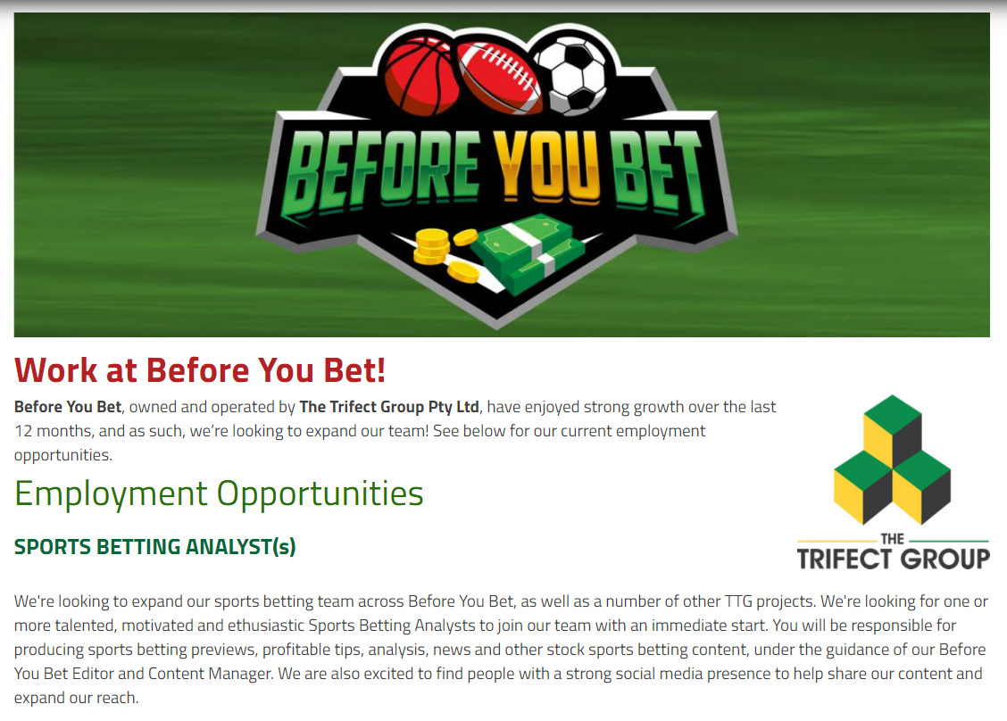 WE'RE HIRING!

We're expanding and looking to add additional casual freelance sports writers to our BYB team. 

Experience is great but passion is a must!

If you're an expert in your fave sport and love to write, then please click below &amp; get in touch!

beforeyoubet.com.au/employment-opp…