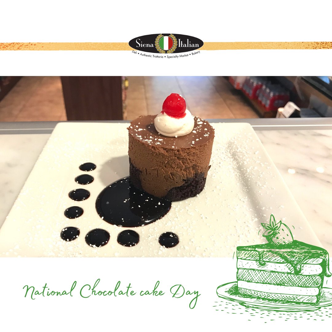 On January 27th, we will be celebrating National Chocolate Cake Day 🎂! Siena Italian has various cakes offered, but we will feature our own Chocolate Mousse for today. 

What’s your favorite chocolate cake🤔? 

#siena #italianrestaurant #chocolatecake