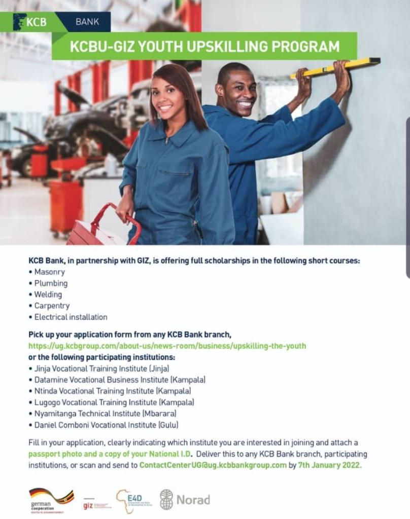 HonMutasingwa's tweet photo. Tell someone about the "KCB Bank Uganda Youth UpSkilling Program.
#KCB Bank Uganda in #partnership with #GIZ is offering full #scholarships in the following short courses;
• Masonry
• Plumbing
• Carpentry 
• Electrical Installation
@kcbbankug @giz_uganda https://t.co/fPRlndKcpL