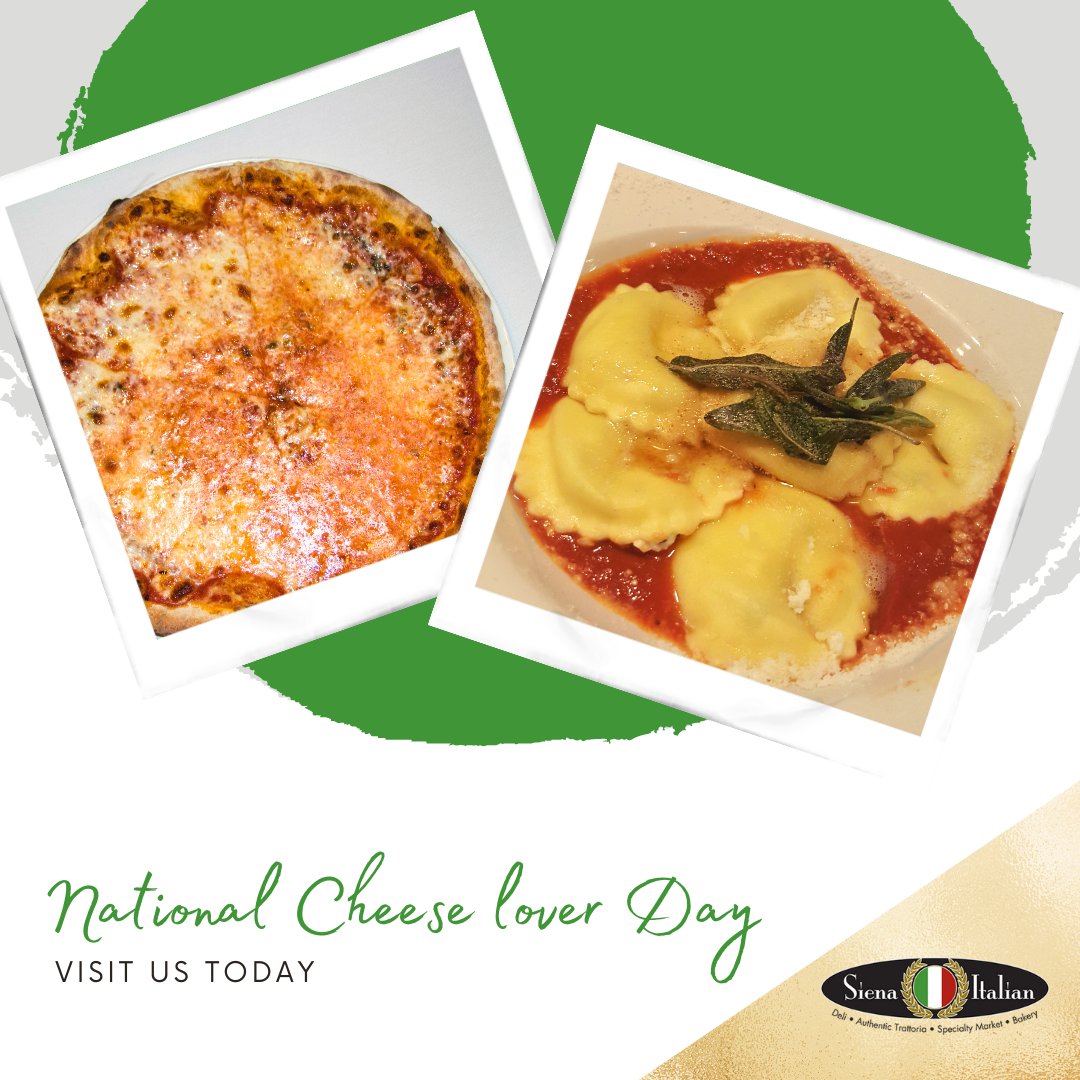 What's your favorite type of cheese?

Here in Siena Italian, we love cheese; that's why you can taste them in our pizzas 🍕 and our cheese ravioli. Try them now to celebrate Cheese lover day! 

#siena #cheeseloverday #pizza