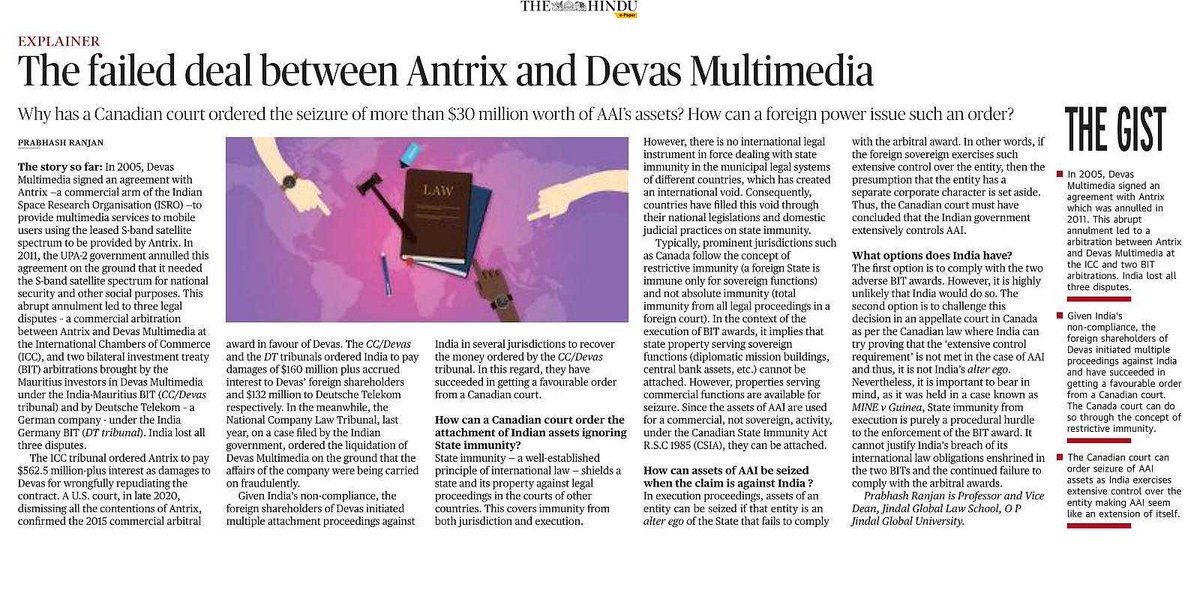 The Hindu invited me to write this explainer on the Canadian court's decision attaching the assets of Airports Authority of India in the interminable Devas saga. Thanks to @pushkararathore & @AAKANKSHAK1989 for useful discussions and insights.
