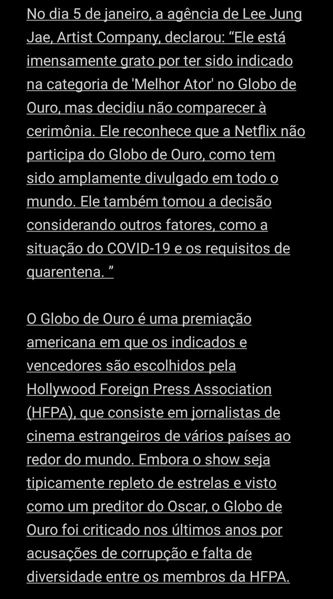 DramalandNew's tweet photo. [📢] 05.01.22 | Apesar de ter sido indicado na categoria de 'Melhor Ator' no Golden Globe, #LeeJunJae não comparecerá à cerimônia devido ao boicote que Hollywood fez a premiação devido a falta de diversidade entre os membros votantes e por conta do Covid19.

Tradução completa 👇🏽 https://t.co/GKI0SK7wrC