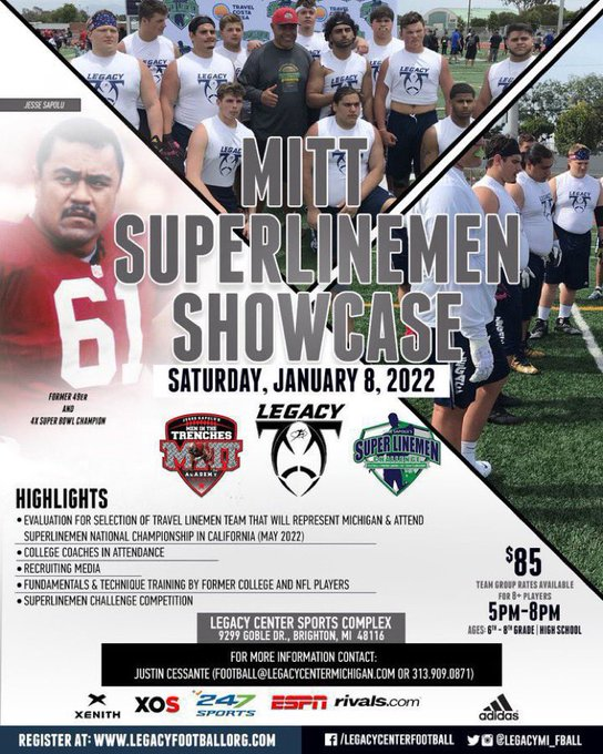 TheD_Zone's tweet photo. We will be attending this weekend on  Jan. 8th, @Legacy_CenterMI The Legacy MITT @SuperLinemen Big Man Showcase!  Opportunity to Develop, Compete &amp; be evaluated for a Linemen Travel Team that will travel to California in May! 

Register at https://t.co/1FBmsqWWII
  #Legacyfball https://t.co/M2gQIuLMWu