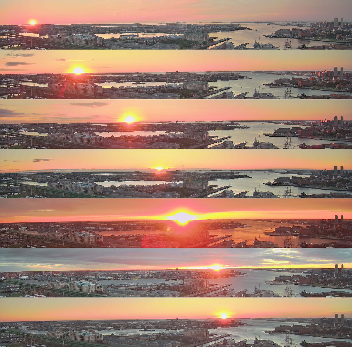 The movement of the sun at sunrise from Summer to Winter. I saw a tweet somewhere that inspired this. Maybe from <a href="/ericfisher/">Eric Fisher</a>. Not quite solstice to solstice due to the weather. Images are  7/5/21, 8/3/21, 9/3/21, 10/2/21, 11/2/21, 12/3/21 and 12/17/21.