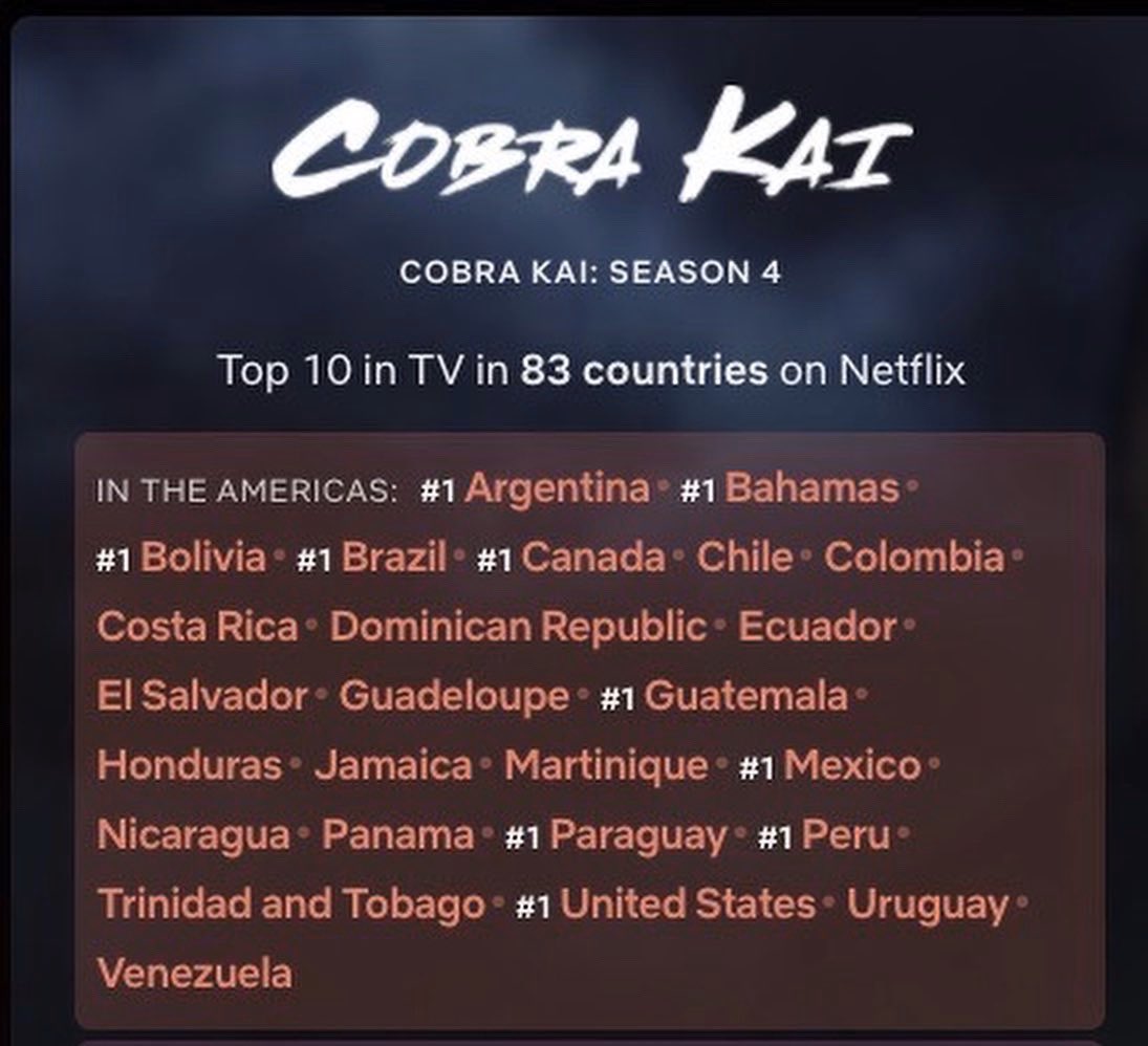 WilliamZabka's tweet photo. Shout to the worldwide fans @cobrakaiseries is officially #1 on @netflix globally! 🦅 https://t.co/rKBM7AUFJz