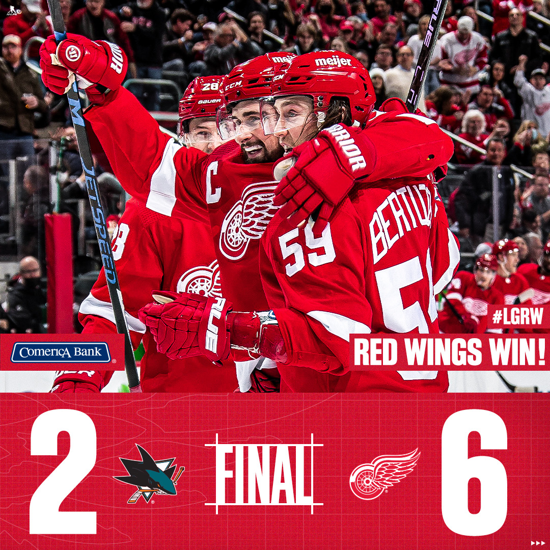 DetroitRedWings's tweet photo. A big 6-2 win on home ice! 
The #RedWings will head out west for a matchup with the Ducks on Thursday. #LGRW https://t.co/E9cycxG6H0