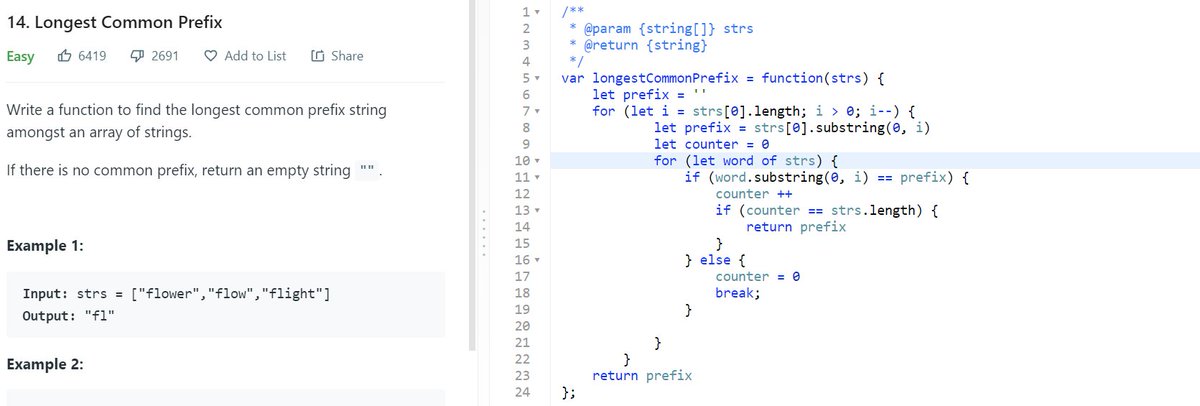 zenemm_'s tweet image. Today code problem - Leetcode 14:
Used a nested loop, starting with the largest possible substr and decrementing until theres a match.
Struggled with a medium challenge for a while before I gave up and went with this easier one - maybe another day🙄
#100DaysOfCode #codesolution