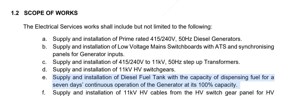 Screenshot of a document. Highlighted text reads 'Supply and installation of Diesel Fuel Tank with the capacity of dispensing fuel for a seven days' continuous operation of the Generator at its 100% capacity.'