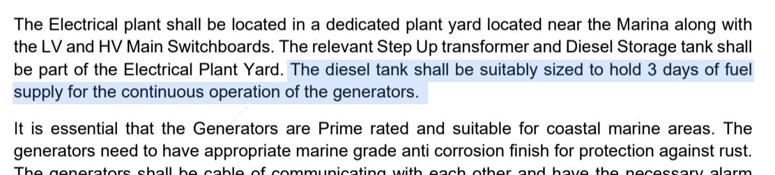 Screenshot of a document. Highlighted text reads 'The diesel tank shall be suitably sized to hold 3 days of fuel supply for the continuous operation of the generators.'