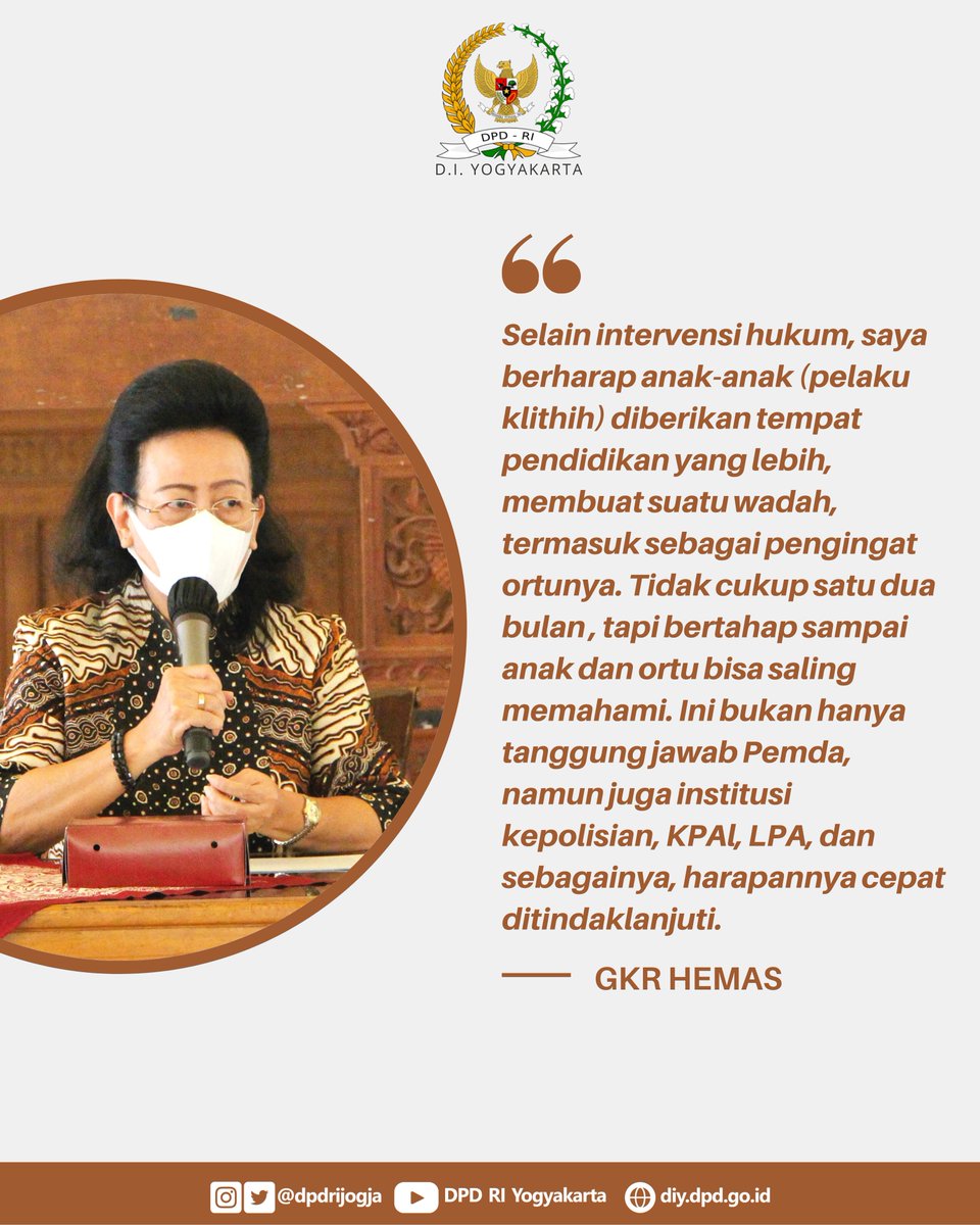 Pesan Ibu GKR Hemas dalam Rapat Koordinasi Penanganan Kenakalan dan Kejahatan Jalanan Usia Anak di DIY pada Selasa (28/12) di Gedhong Pracimosono, Kompleks Kepatihan, Yogyakarta.

__

Sumber : <a href="/humas_jogja/">Humas Pemda DIY</a>

#quotesenator
#klitih
#jogjaantiklitih