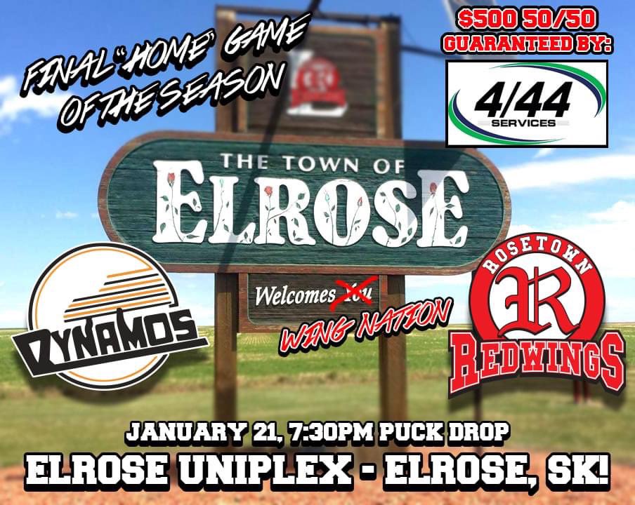 🚨 LOCATION CHANGE! 🚨
Our final SVHL regular-season "home" game vs. <a href="/DynamosSHC/">Dinsmore Dynamos Senior Hockey Club</a> will be played at the ELROSE UNIPLEX in Elrose, Sask. January 21st, puck drop at 7:30 PM with a 50/50 GUARANTEED for $500 by <a href="/4_44Services/">4/44 Services</a> , so we need #wingnation to invade Elrose!