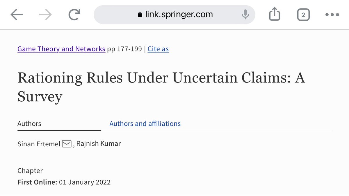 ertemels's tweet photo. Our survey paper entitled "Rationing Rules Under Uncertain Claims: A Survey" with Rajnish Kumar has been published on Game Theory and Networks -
New Perspectives and Directions. Here is the link: 
https://t.co/7QtK2Vg9Gy https://t.co/1kvNdX3NsN
