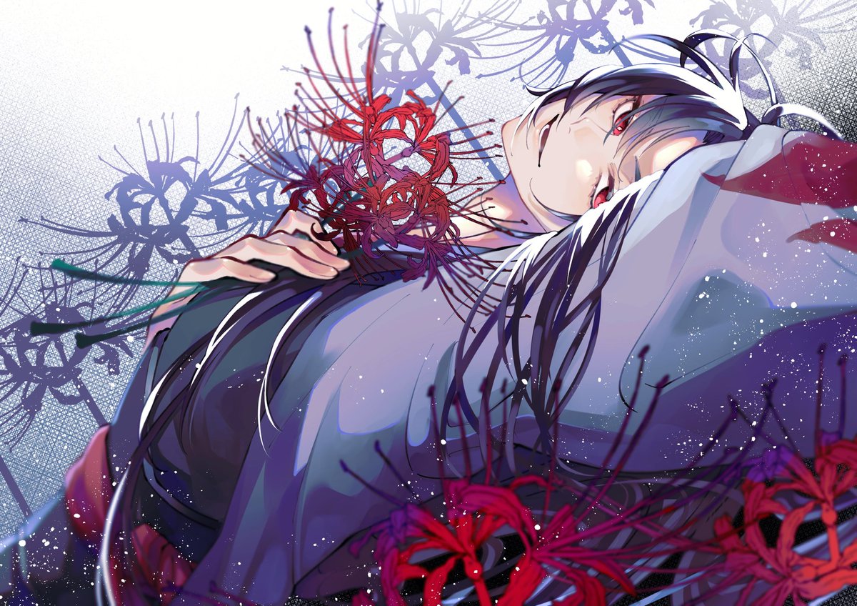 spider lily flower red eyes 1boy solo male focus long hair  illustration images