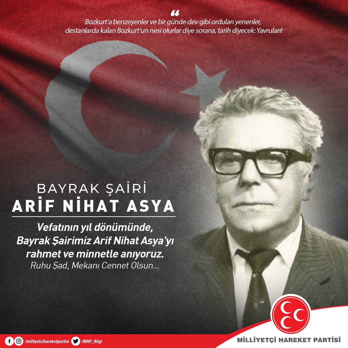 MHP_Bilgi's tweet photo. Vefatının yıl dönümünde, Bayrak Şairimiz Arif Nihat Asya'yı rahmet ve minnetle anıyoruz.
Ruhu Şad, Mekanı Cennet Olsun... https://t.co/oAflHMAnWK
