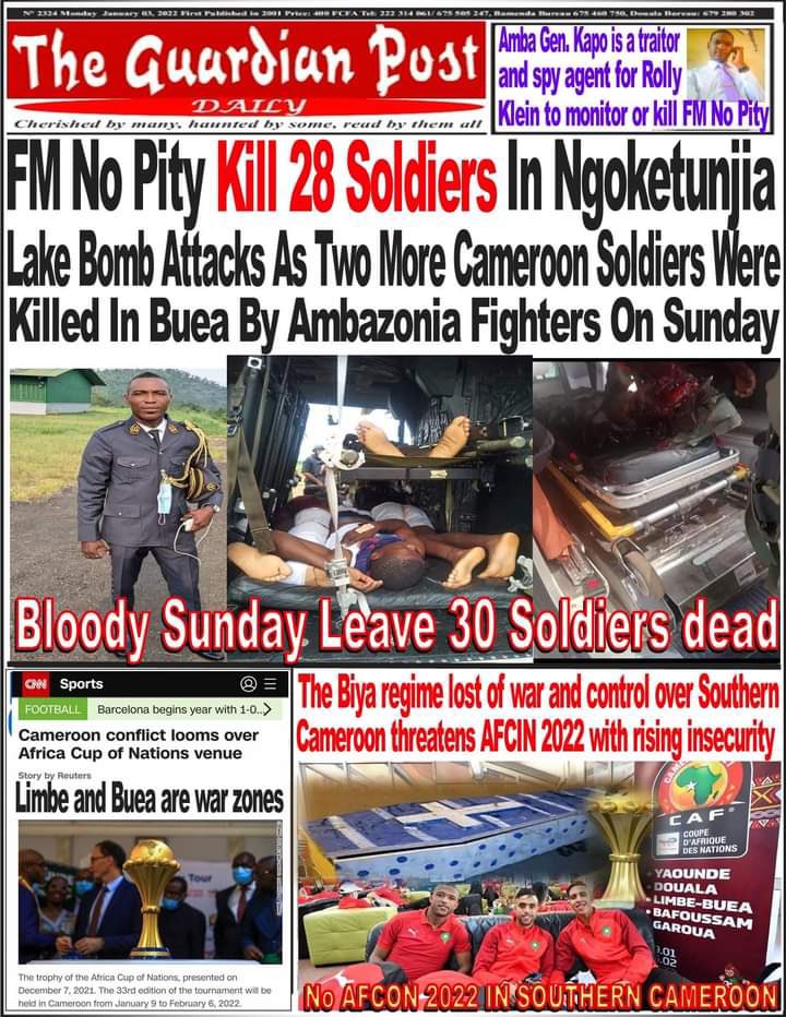 pabiedu1's tweet photo. Count down day 4 to #AFCON2021!   #Wednesday news in #Ambazonia: #soccer players and fans in ⚠️as #Genocide continues.
@caf_online @PresidenceMali 🇲🇱 @TnPresidency 🇹🇳 @MCGhazouani 🇲🇷 @PresidentBio 🇸🇱 @PresidentObiang  🇬🇶 @Presidency_GMB 🇬🇲 @TotalEnergies @BusterEmil @SecBlinken https://t.co/qSyw3q5uc8