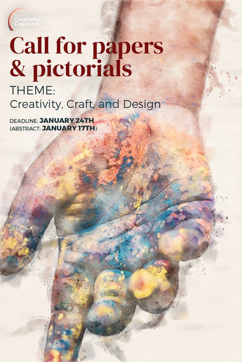 NEW extended deadline: abstracts for papers and pictorials is extended to January 17th. We encourage submissions that explore creative practices including technologies, designs, art and craft and address how creativity manifests itself in our daily lives!