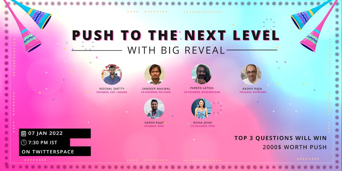 PushChain's tweet photo. 1/2 We’ve planned something BIG, but can’t tell you yet 🤫 These folks 👇 know about it!
🔔@sandeepnailwal 
🔔@NischalShetty 
🔔@simplykashif 
🔔@pareen
They’re joining @harshrajat+@richajoshi in the 🎉BIG REVEAL🎉

🗓️ Jan 7, 7:30PM IST 🗺️ Twitter Spaces
Top3⃣ Q's win $2,000 in $PUSH https://t.co/HMvVojoK6p