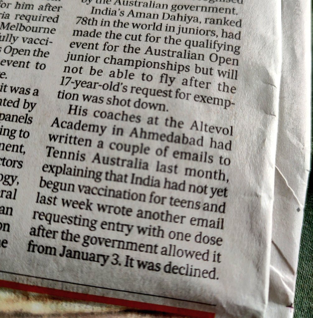 Buried in the last para of an article about #Djokovic on today's back page, the story of dashed hopes of a potential Indian #tennis star 💔 <a href="/htTweets/">Hindustan Times</a>. #AusOpen