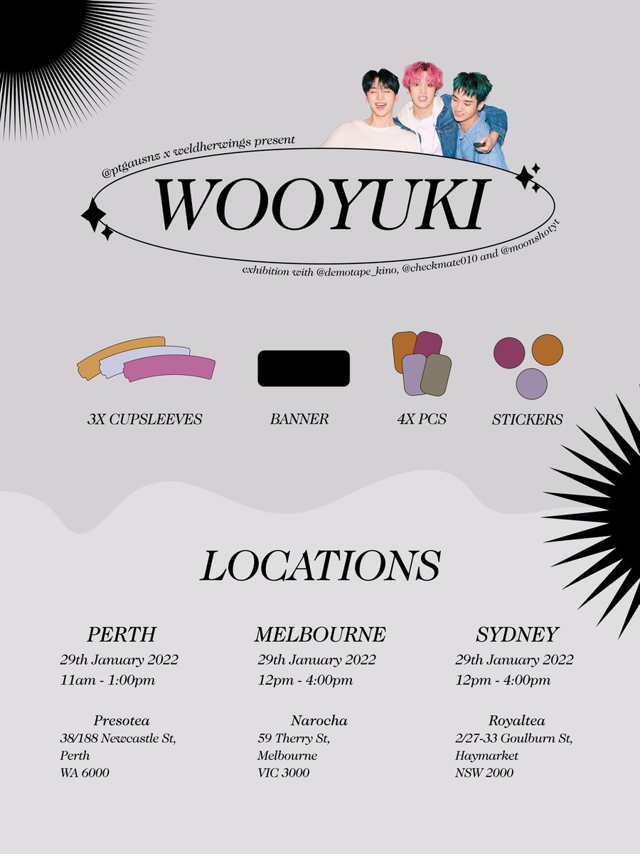 ptgausnz's tweet photo. Mark your calendars! Cerberus is coming! 🐕

Celebrate the birthdays of our favourite triplets, WooYuKi, with us in the following dates and locations all over Australia! 😍

We've got boba, freebies, and amazing company 💕 https://t.co/U7tzYOY7Eg