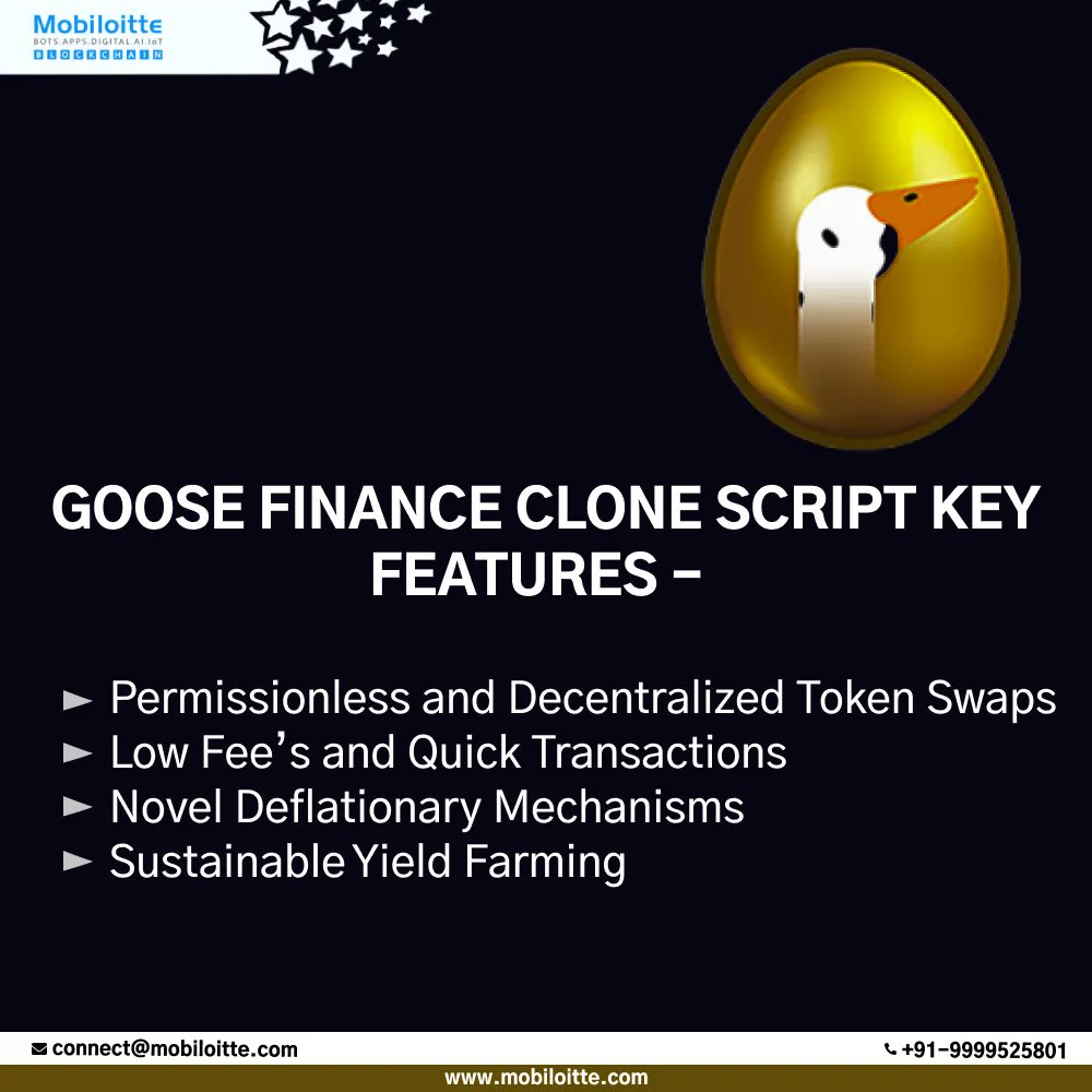 Mobiloitte's tweet image. Goose Finance Clone Script Key features:-
> Permissionless and Decentralized Token Swaps
> Low Fee’s and Quick Transactions
> Novel Deflationary Mechanisms
> Sustainable Yield Farming
For more information: buff.ly/32qy0Qp
#goose_finance #clone_script #decentralized