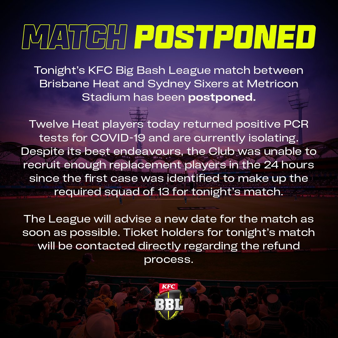 Kfc Big Bash League Unfortunately We Ve Had To Postpone Tonight S Heat V Sixers Clash Strikers V Hurricanes Will Now Start At 7 15pm Aedt l11 T Co W77thz5aqm Twitter Kfc Big Bash League Unfortunately We Ve Had To Postpone Tonight S Heat V Sixers Clash Strikers V Hurricanes Will Now Start At 7 15pm Aedt l11 T Co W77thz5aqm Twitter