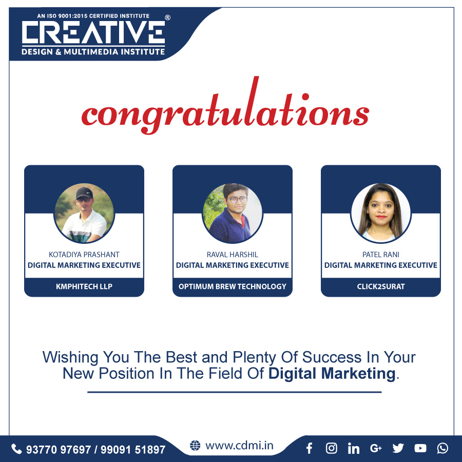 cdmi_multimedia's tweet photo. A big congratulations to all the students of Digital Marketing for getting placed. We give our best wishes to all of you for a brighter future ahead!
#digitalmarketing #cdmi #surat #placement #seo #creative #seoexecutive #success https://t.co/hwMVqL5AI6
