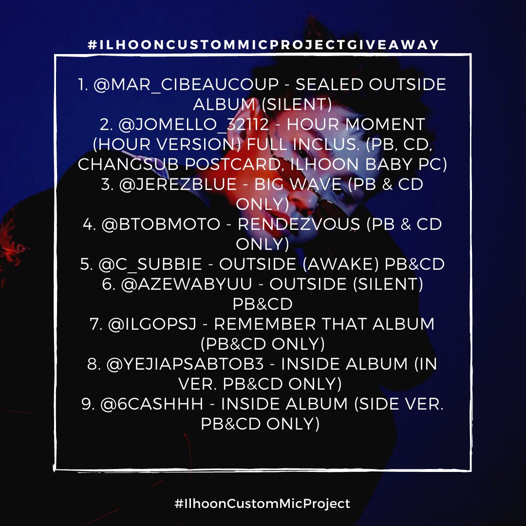 cxnezuko's tweet photo. Here are the list of winners of our #IlhoonCustomMicProject Giveaway. Congratulations! 

Kindly dm @arabydJI for your prizes. Thank you so much! 

NOTE: Shipping fees must be shouldered by the winners. 
#IlhoonCustomMicProject https://t.co/cTeDW20bB5