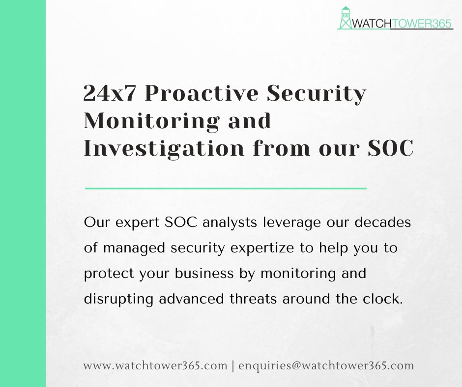 WatchTower365's tweet image. An effective Security Operations Center helps an organization to save money in the long run by reducing cybersecurity risk. 
To know more,  email us at enquiries@watchtower365.com / watchtower365.com
#watchtower365 #socservices #socinabox #socasaservice #cybersecurity #SOC