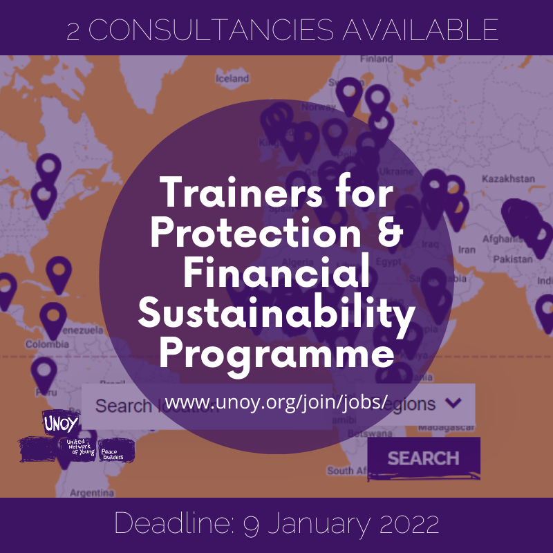 ⏰LAST CALL!

We're looking for a lead & a supporting trainer to design + implement our Protection & Financial Sustainability Training programme in the Middle East & North Africa 👩🏽‍🏫🧑🏽‍🏫

Take a look at the requirements 🧐 unoy.org/join/jobs/

#youth4peace #paidopportunities