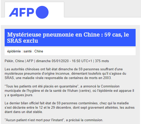 Il y a exactement deux ans, le 5 janvier 2020, a été publié la première dépêche AFP en Français sur "une mystérieuse pneumonie" à Wuhan