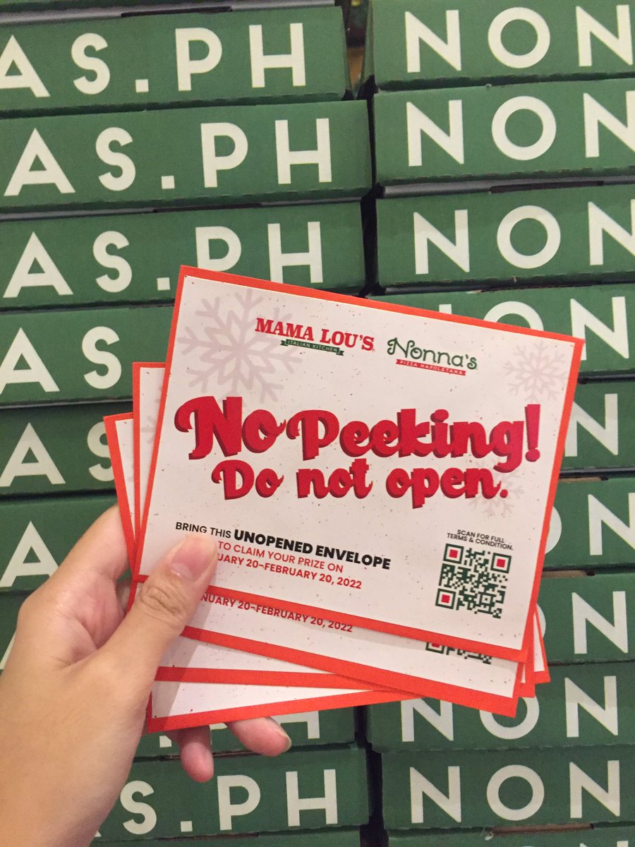 nonnasPH's tweet photo. Claiming that 2022 is a year of “positive” surprises! ✨ 

We have exciting treats for you to start off the year when you order at least P2,000 in any Nonna’s outlets! 🥳 But remember, NO PEEKING inside the sealed envelope. 😉

#NonnasPH
#NoPeekDecember https://t.co/fRYFhjPAz7
